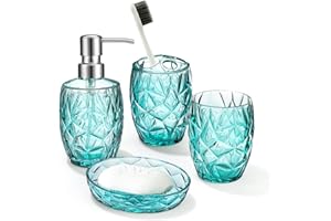 Aksipo Teal Acrylic Bathroom Accessory Set, 4 Pcs Bathroom Accessories Set with Lotion Dispenser,Soap Dish,Tumbler,Toothbrush Holder, Modern Bathroom Decor and Housewarming Gift Set