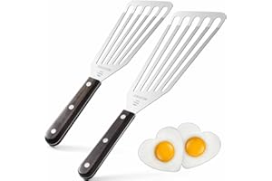 EXAIEW 2 Pack Fish Spatula Stainless Steel，Flexible Metal Spatula Perfect for Flipping Eggs, Burgers and Baking, Durable Lightweight Kitchen Slotted Turner for Cooking & BBQ [Wooden Handle]