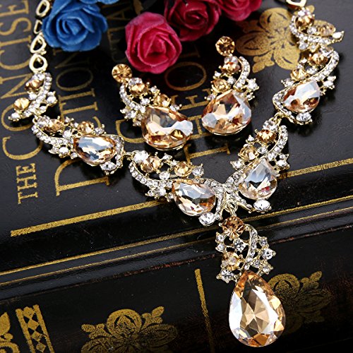 BriLove Wedding Bridal Necklace Earrings Jewelry Set for Women Multi Teardrop Cluster Crystal Statement Necklace Dangle Earrings Set Champagne Gold-Toned
