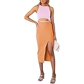 Pink Queen Women's Cutout Crew Neck Sleeveless Tank Slit Ribbed Bodycon Midi Dresses