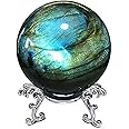 RALDMOV Natural Labradorite Sphere Rock Quartz Crystal Ball Healing Ornament Specimen + Pedestal (200g)