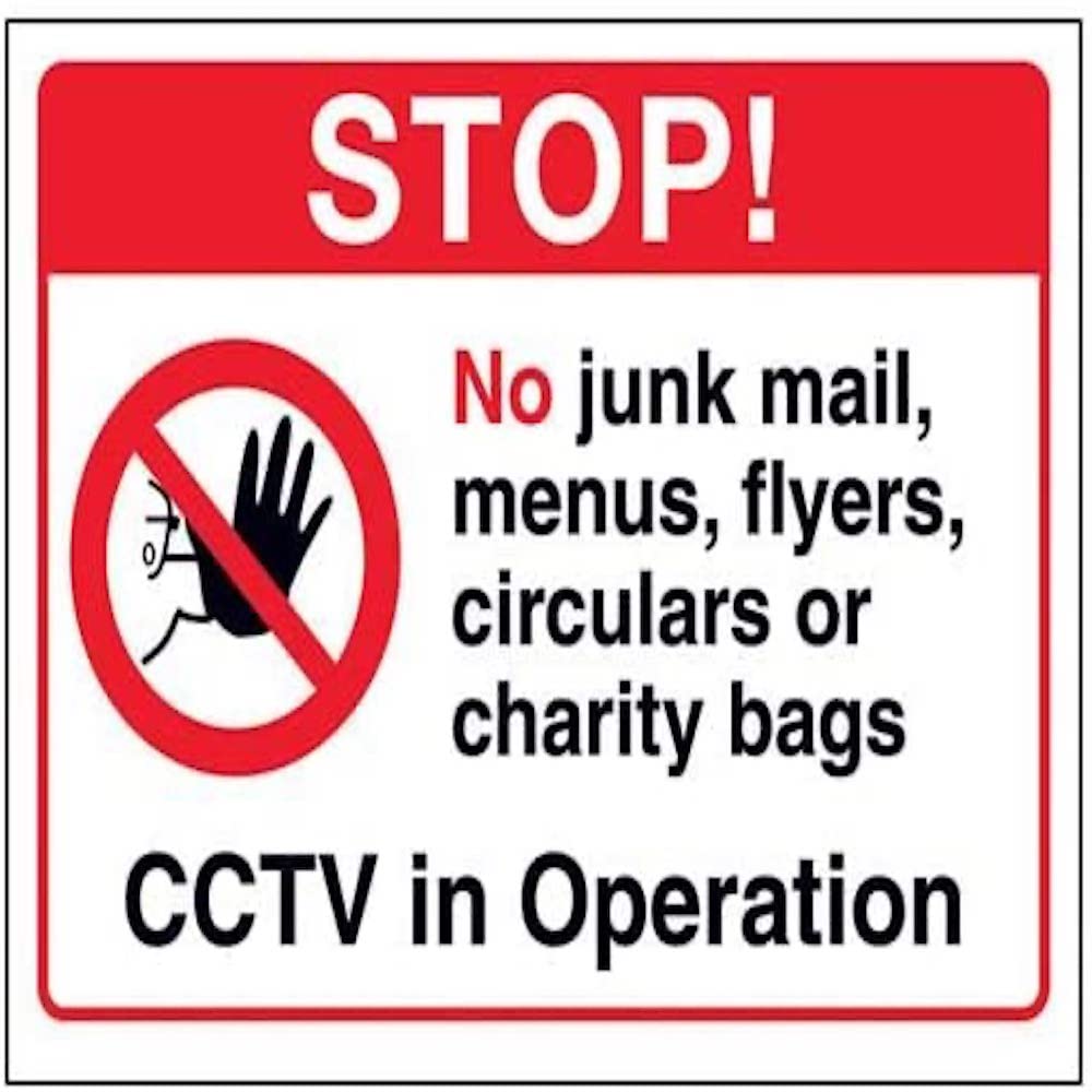 V Safety Stop! No Junk Mail, Menus Or Charity Bags Sign - 200mm x 150mm - Window Sticker