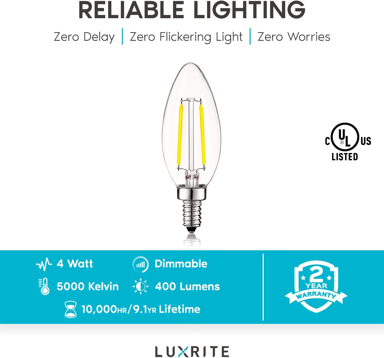 Luxrite 4W Vintage Candelabra LED Bulbs Dimmable, 400 Lumens, 5000K Bright White, LED Chandelier Light Bulbs 40W Equivalent, Clear Glass, Filament LED Candle Bulb, UL Listed, E12 Base (6 Pack) - - 