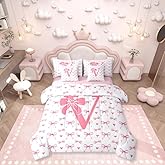 Erosebridal Pink Bowknot Bed in A Bag Twin 7 Piece | Initial Letter V Comforter Set Ribbon Coquette Decor Heart Pattern Bedding Sets for Kids Boys Girls Dreamy Princess Style Sheet Set with Comforter