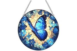 WQVSHRO 5.9'' Butterfly Stained Acrylic Window Hanging,Blue Flower Butterfly Acrylic Art Wall Decor,Indoor Outdoor Decor for Home Garden (Butterfly)