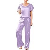 Ekouaer Women's Satin Silky Pajama Set 2 Piece Short Sleeve Shirt with Long Pants Pjs Sets Soft PJ Loungewear S-XXL