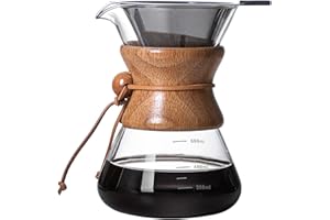 COFISUKI Pour Over Coffee Maker with Reusable Stainless Steel Drip Filter, Lead-Free Borosilicate Glass Coffee Carafe with Modern Wooden Collar for 1-4Cup, Circular Clear (600ml/20oz)