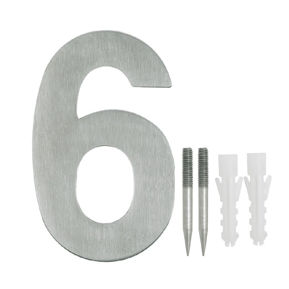 NUZAMAS Door Numbers Plaques 6, Stainless Steel Hotel House Address Plaque Digits Plate Signs Street Numbers, Wall Mounted, 10.8cm Width 15cm High, Installation Kit Included