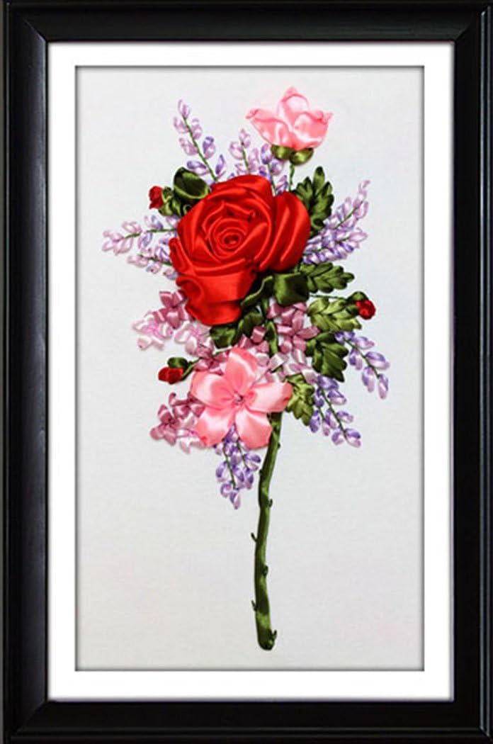 Aureate Handmade Completed Ribbon Embroidery Canvas Wall Art Home Decoration Red Rose 18"×12"