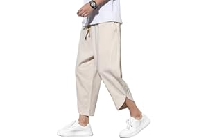 DOSLAVIDA Men's Casual Elastic Waist Linen Capri Pants Wide Leg Baggy Cotton Harem Yoga Trousers Loose Patchwork Shorts