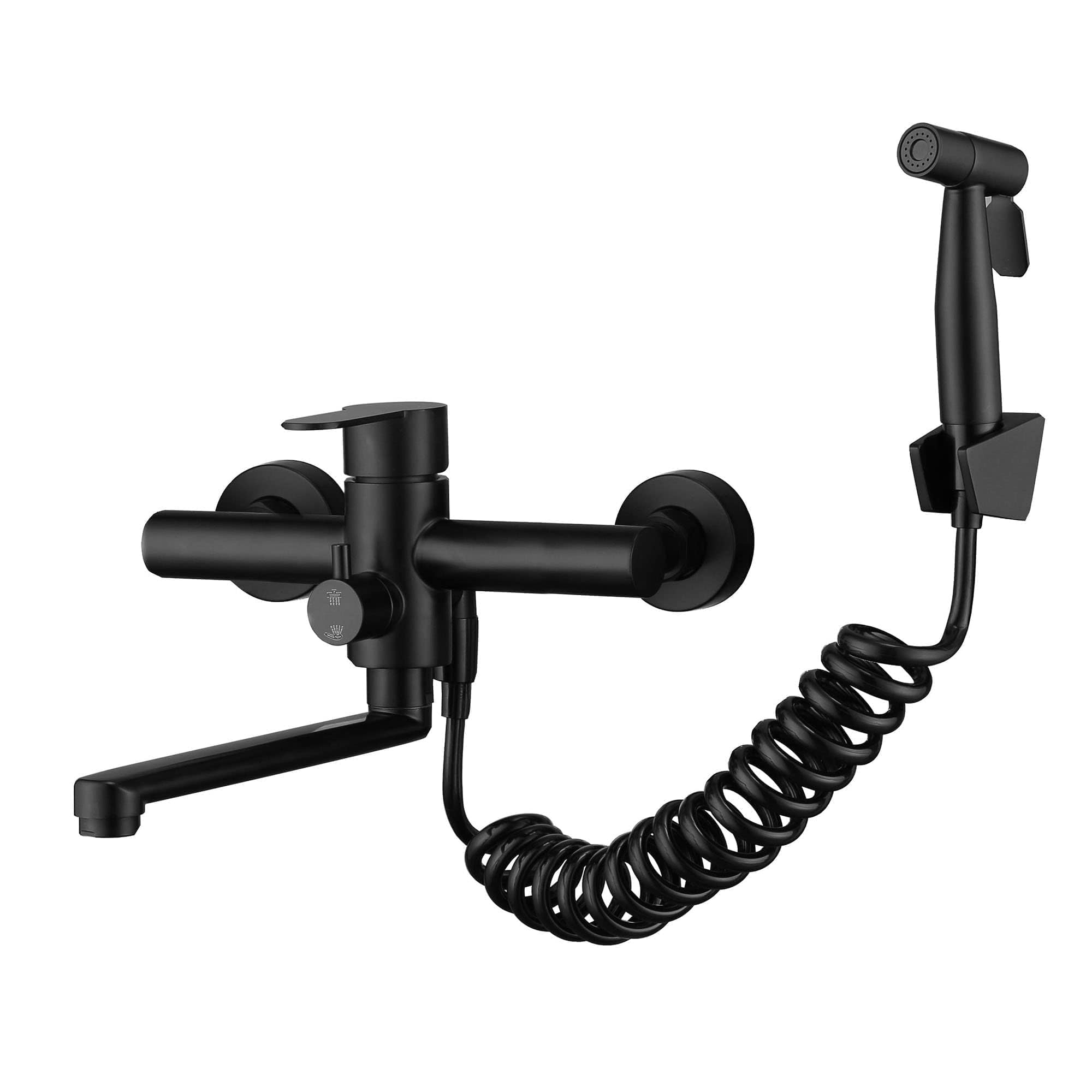 Photo 1 of Kitchen Sink Faucet Wall Mount, Matte Black Commercial Faucet with Side Sprayer, Stainless Steel Mixer Tap, Unility Sink Faucet, 7.5-8.5 Inches Center, Lead-Free, Spout Reach 9.2"