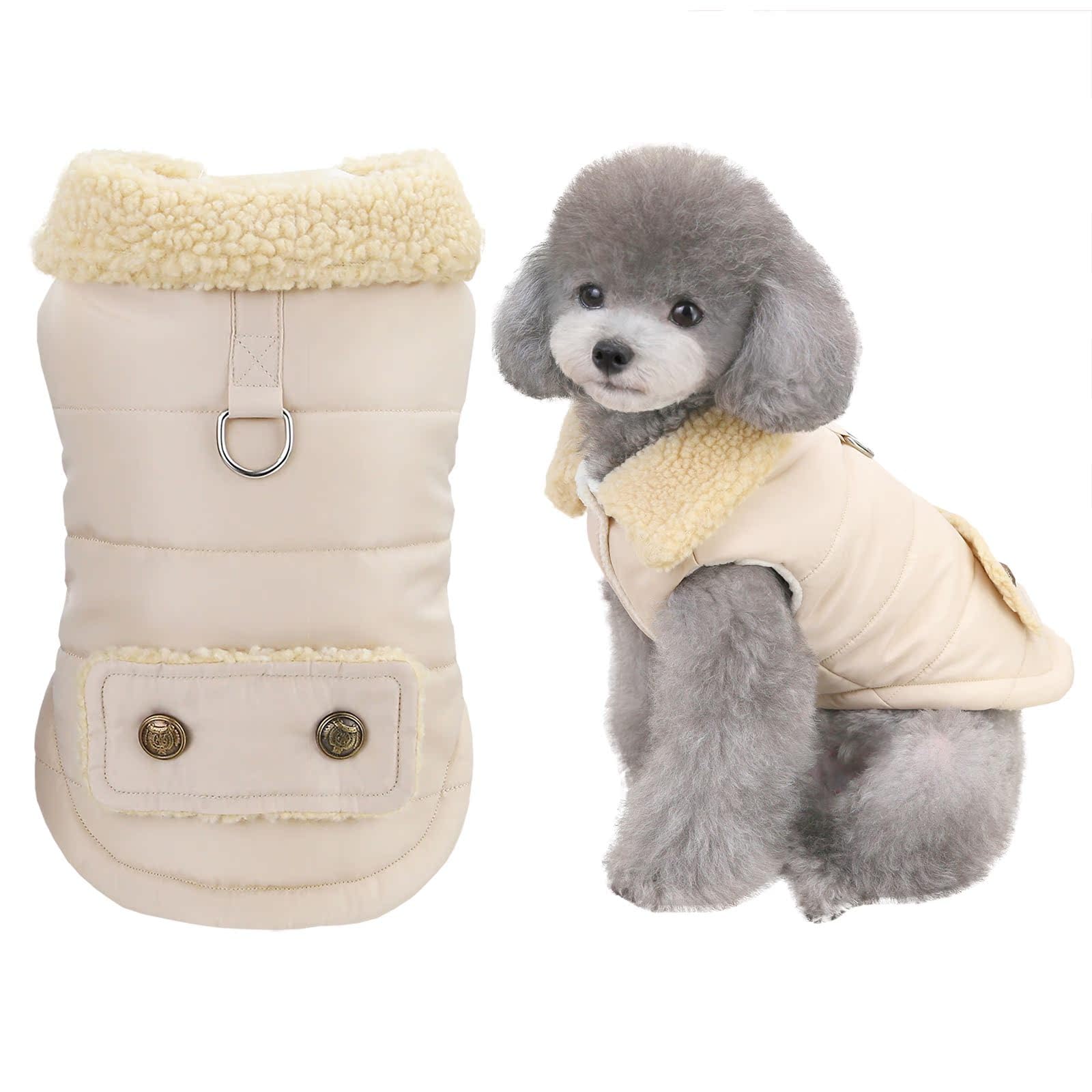 Izefia Dog Coat for Small Dog Cold Weather Windproof Jacket Warm Sweater Winter Thick Clothes Fleece Collar Nordic Style Medium Cat Khaki S