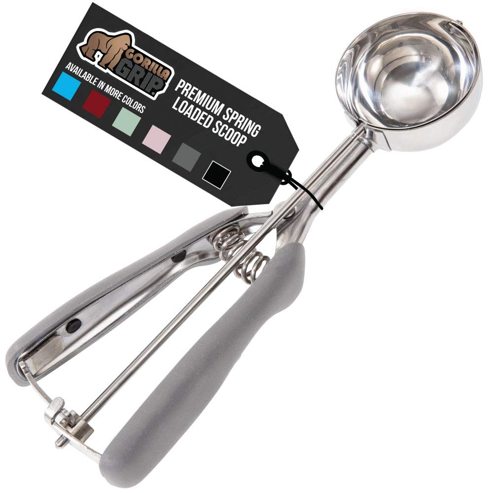 Gorilla Grip Premium Stainless Steel, Spring-Loaded Scoop for Fruit, Cookie and Ice Cream, Easy Squeeze and Clean Release, Comfortable Handle, Medium, 3 TBSP Scooper Size 24, Uniform Portions, Gray