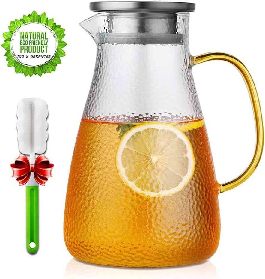 Glass Pitcher, ONEISALL Glass Carafe with Infuser Lid and Anti-Drip Spout, Large Capacity Water Pitcher for Beverage/Ice Tea/Milk/Coffee/Serving Wine - 60 Ounce/1.8 Liter
