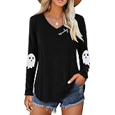 Nigbriz Womens Halloween Thanksgiving Christmas Graphic Long Sleeve Shirt | Fall Halloween Thanksgiving Christmas Print V-Neck T-Shirt Holiday Party Tee Blouses Winter Family Matching Tops