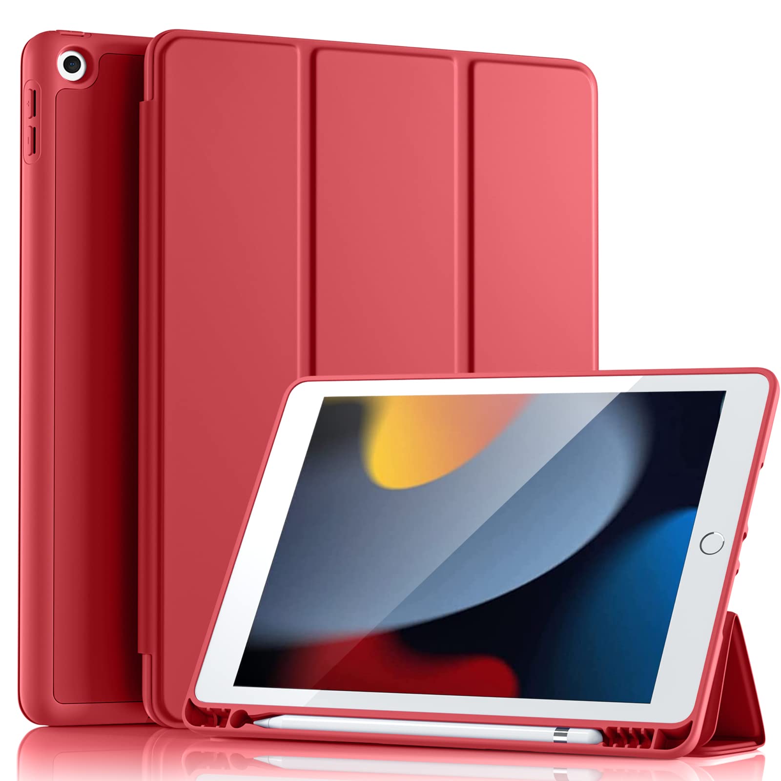 Vobafe Case for iPad 9th 8th 7th Generation 10.2 Inch Case (2021/2020/2019 Model, iPad 9/8/7), Flexible TPU Back Cover, with Pencil Holder, Auto Wake/Sleep, Red