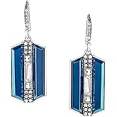 Extra Large Silver Tone Art Deco Antique Vintage Style Statement Blue Sapphire Rhinestone Geometric Dangle Earrings