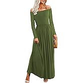 Amoretu Dresses for Women Long Sleeve Off Shoulder Maxi Flowy Casual Loose Plain Dress with Pockets