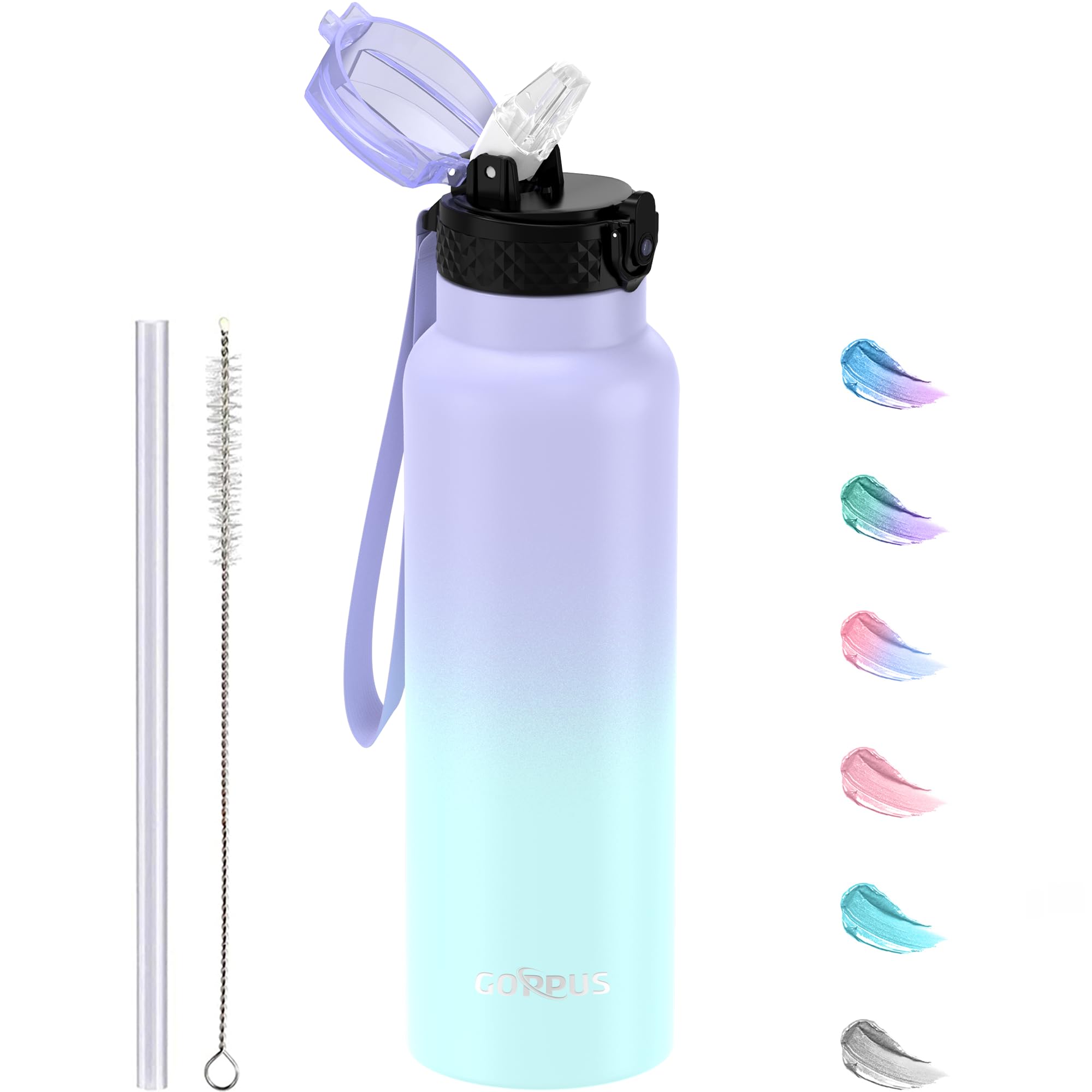 GOPPUS 750ml/26oz Stainless Water Bottle with Straw Double Wall Insulated Bottles with Strap Reusable Vacuum Thermal Flask Leakproof Keep Cold Drinks Bottles with Flip Top Lid for Men Women BPA Free