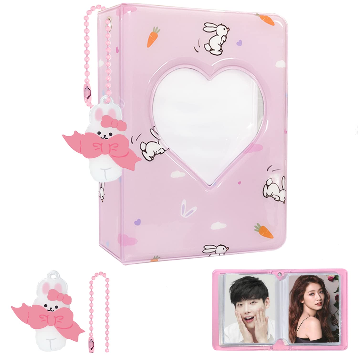 KeCool Kpop Photocard Holder 3 Inch Binder, Mini Photo Album, Love Heart Hollow Collect Album With Lovely Pendant (40 Pockets, Pink)