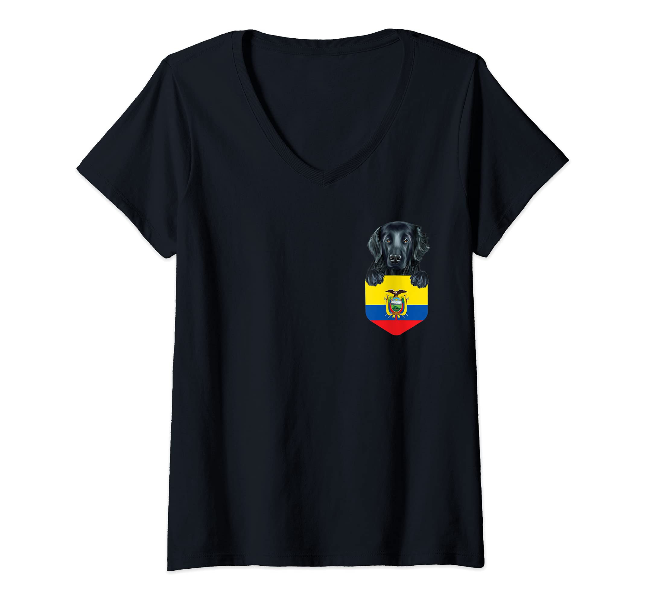 Womens Ecuador Flag Flat-Coated Retriever Dog In Pocket V-Neck T-Shirt