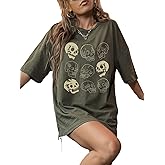 WDIRARA Women's Skull Print Half Sleeve Drop Shoulder Oversized Tee Casual T Shirts