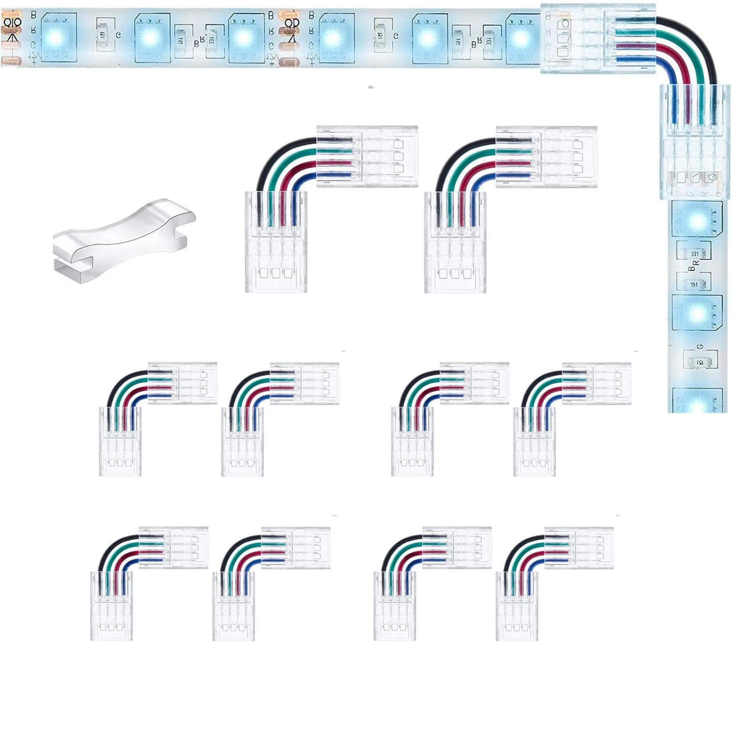 YUTOKEER 4-Pin RGB LED Strip Connector, Solderless Adapter, L Shape, 10mm, 5-24V (Pack of 10)