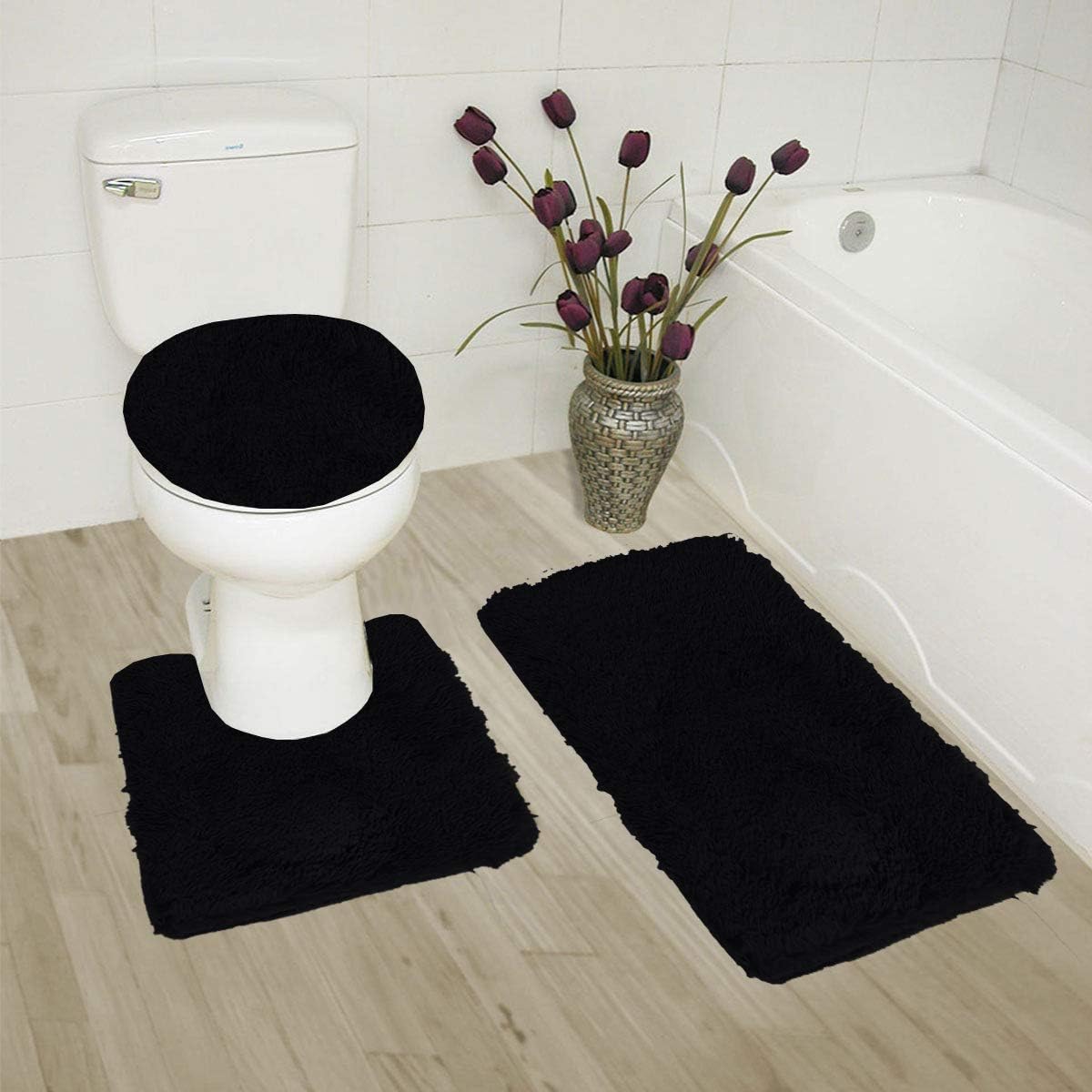 3 Piece Elegant Solid Plush Bathroom Rug Set, Bath Mat, Contour Rug, Toilet Lid Cover (Black)