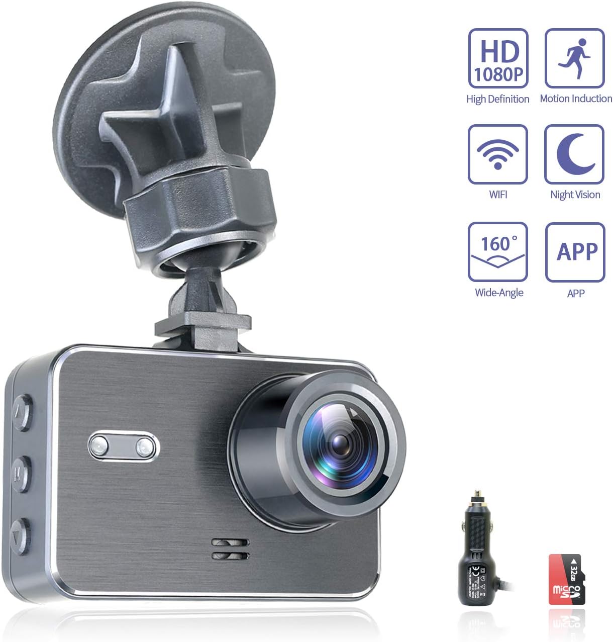 Dash Cam,1080P Car DVR Dashboard Camera,Motion Detection,Ultra HD Car Dash Cam, Wi-Fi, 160° Wide Angle Recorder,G-Sensor, Night Vision, Loop Recording, Mobile App, 256GB Supported