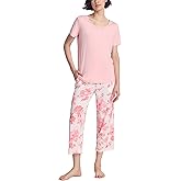 GYS Pajama Sets for Women Soft Bamboo Viscose Short Sleeve Top with Capri Pants 2 Piece Sleepwear