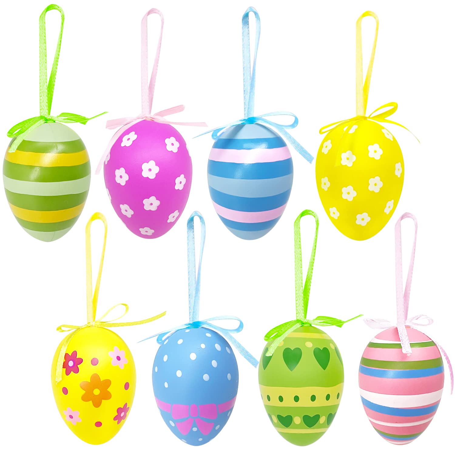 24Pcs Easter Hanging Eggs, Multicolored Plastic Egg Hanging Tree Ornaments, Decorative Hand Painted Eggs DIY Crafts Ornaments with Various Style Stripes Dots Flowers for Easter Decoration