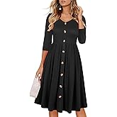 Lamilus Women's Casual Fall 3/4 Sleeve V-Neck Button Down A-Line Swing Party Dress