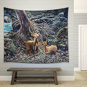 Oil Painting on Canval - Deer in The Forest - Fabric Wall Tapestry Home Decor - 51x60 inches