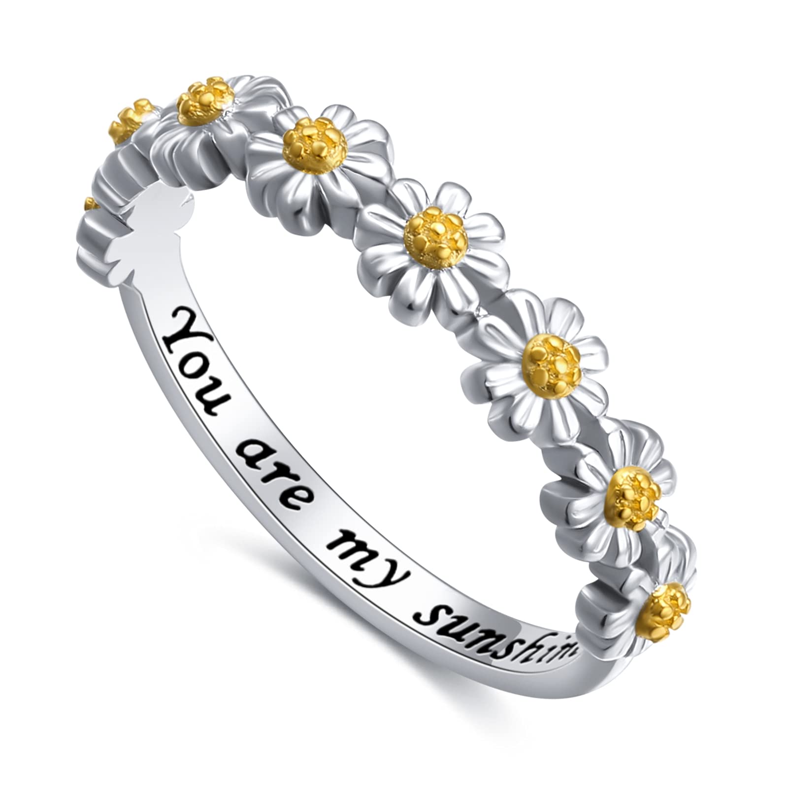 DAOCHONG Sterling Silver You Are My Sunshine Daisy Floral Ring for Women Teen Girls,N-1/2