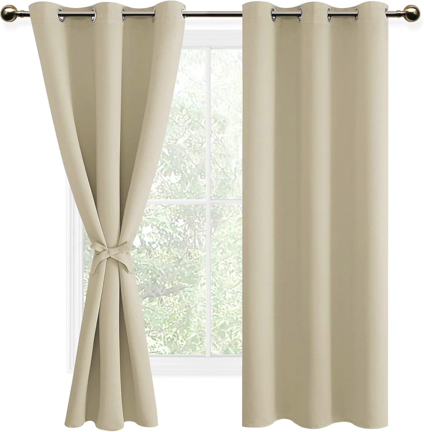 DWCN Light Beige Blackout Curtains with Tiebacks for Bedroom Thermal Insulated Solid Eyelet Curtains for Living Room,2 Panels,46" Wide x 72" Drop