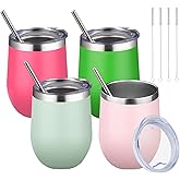 12oz/4 Pack Wine Tumbler Glasses with Lid Stemless Double Wall Vacuum Stainless Steel Travel Tumbler Keeping Cold & Hot for Wine,Coffee,Cocktails,Christmas Drinks-Family and Gifts(Multi color-10)