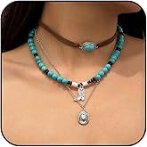 HUASAI Western Necklaces Jewelry for Women Turquoise Necklace Cowgirl Jewelry for Rodeo & Country Concert Outfits Teal Western Accessories with Bull Head Pendant Boho Dresses