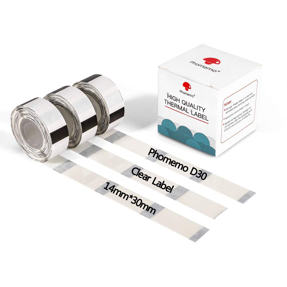 Phomemo D30 Clear Transparent Thermal Labels - Adhesive, 14x30mm/0.55x1.18inch, 3 Rolls