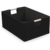 Foldable Fabric Storage Basket for Shelves, Linen Decorative Storage Bin with Wooden Handles, Small Organizer Cube for Closet, Rectangle Canvas Box for Organizing, Decor, 15x10.6x6 Inches (Blcak)