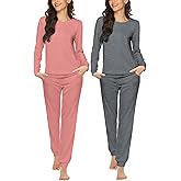 Ekouaer 2 Pack Pajama Sets for Women,Long Sleeve Top With Jogger Pants Lounge Set Sleepwear with Pockets