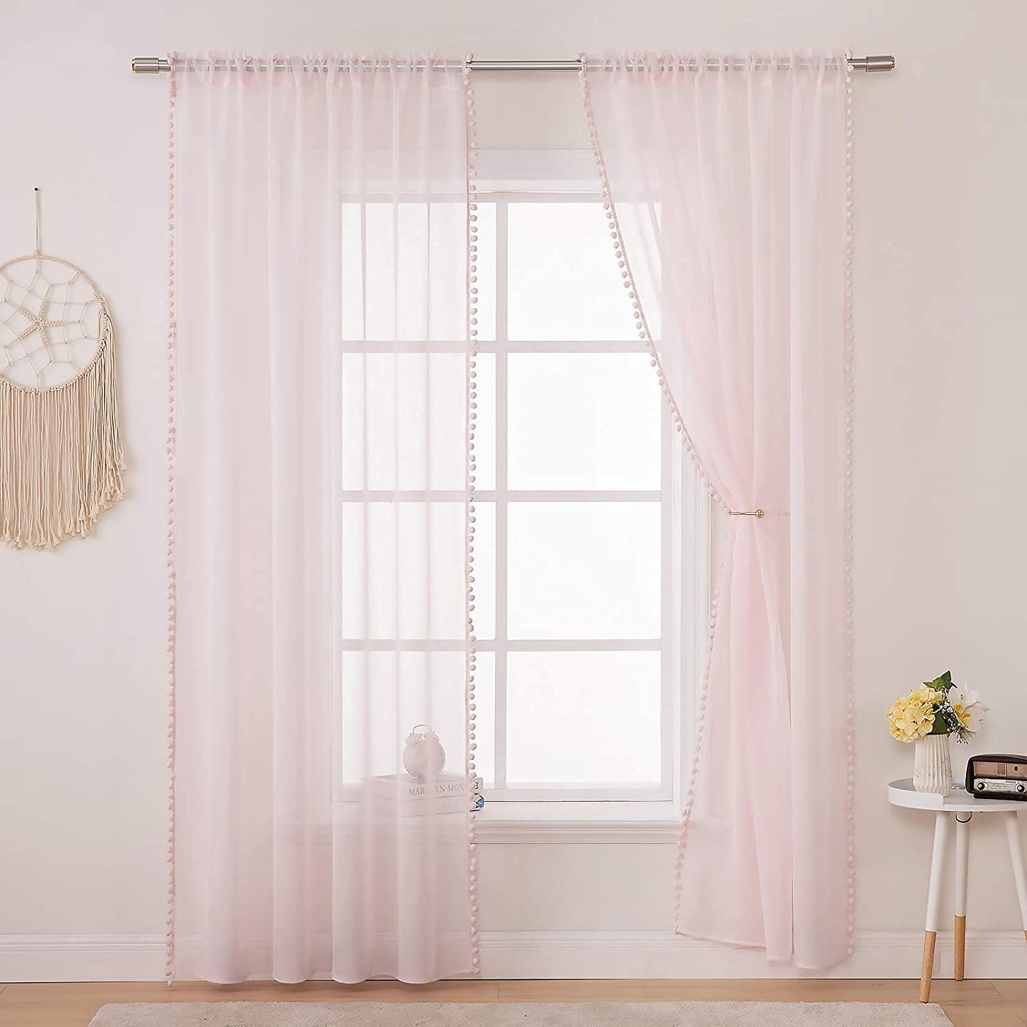 MIULEE Sheer Curtains With Pom Poms - Pink Voile for Bedroom Living Room, Pretty Rod Pocket Pompom for Kids, Girls Bedroom, 2 Panels Net Window, Each W55 x D69 Inch
