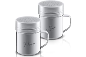 SUCLAIN 2-pack 13.5oz Stainless Steel Salt and Pepper Shakers with Lid and Handle Seasoning Dredge Shaker for Cooking Kitchen Baking Salt Candy