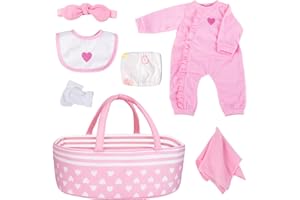 Aori 7 Pcs Reborn Baby Dolls Clothes Set with Pink Bassinet for 17-22 Inch Baby Doll, Carrier Bed and Baby Doll Clothes Outfit Accessories fit Newborn Baby Girl