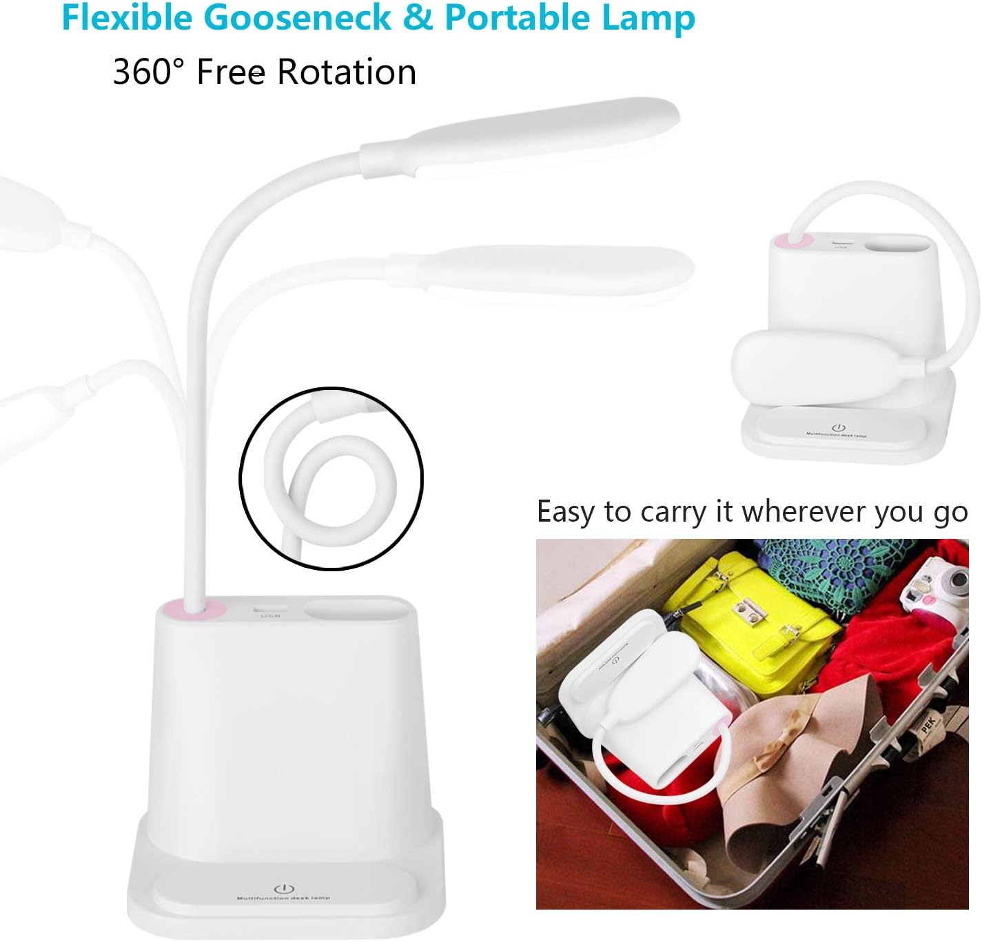 LED Desk Lamp, NovoLido Rechargeable Desk Lamp with USB Charging Port & Pen Holder, 2 Color Modes & Stepless Dimming, 360° Flexible Metal Hose, Mini Cute Lamp for College Dorm Bedroom Reading (White) - - 