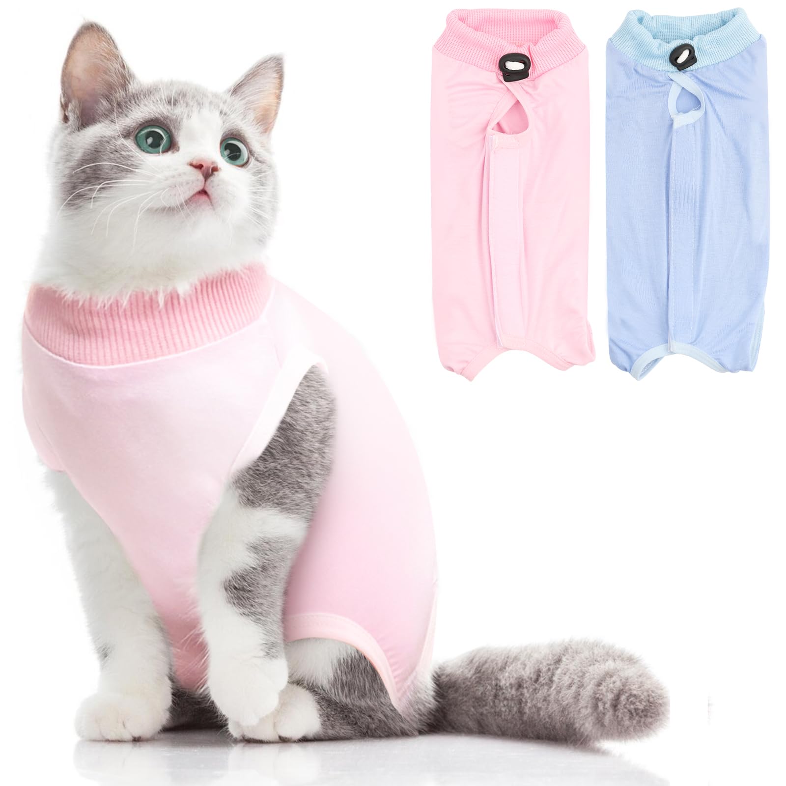 Photo 1 of 2Pack Cat Surgery Recovery Suit Clothes for Female and Male,Cat Onesie Shirts After Surgery,Cat Spay Surgical Recovery Suit Stop Licking Abdominal Wound, Cone Collar Substitute-Pink&Blue,M