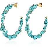 TaYolnFaSo Natural Gemstone C Shaped Hoop Earrings 18k Gold Plated Stone Beaded Dangle Earring Hoop Jewelry Birthday Valentine's Day Gift for Women