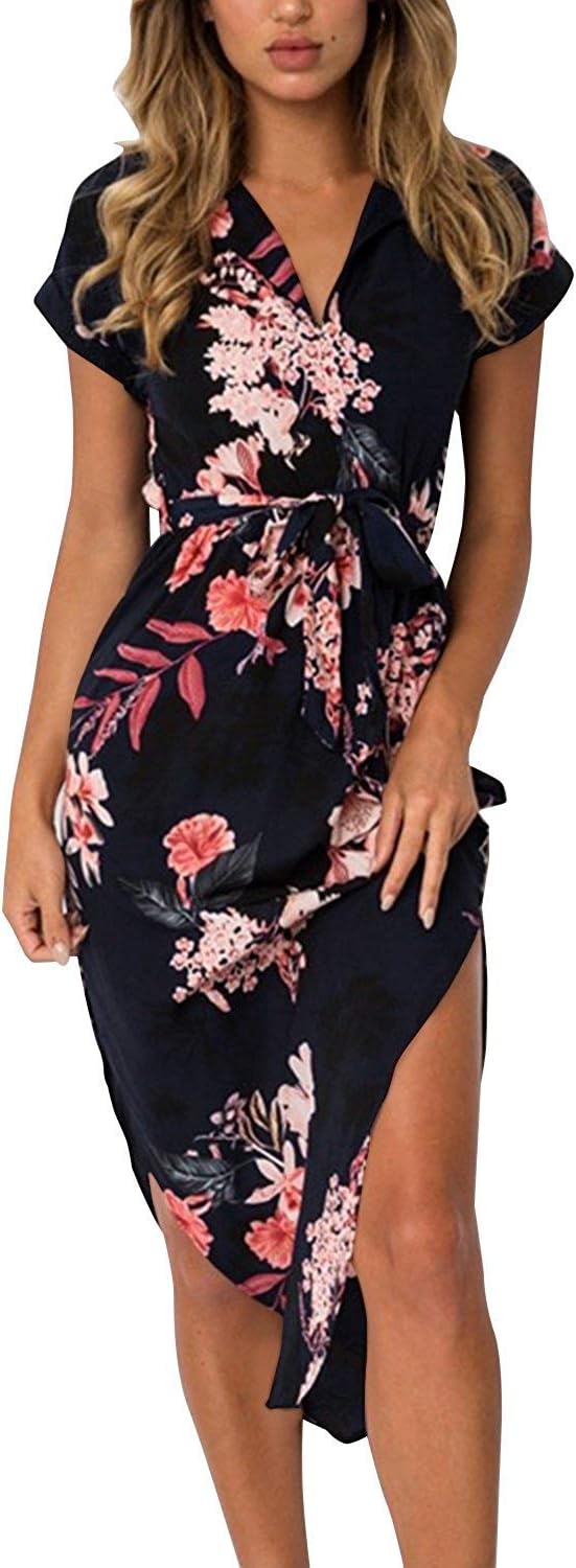 Womens Dresses V Neck Floral Print Maxi Dress Tunic Short Sleeve Casual Split Summer Dresses