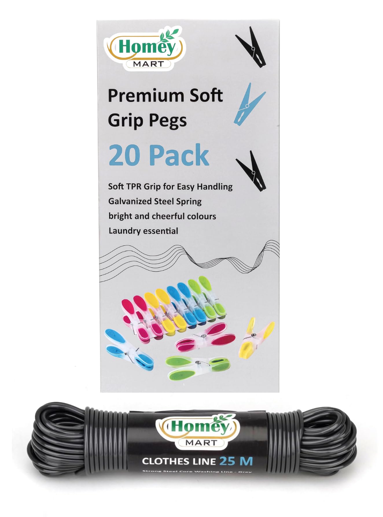 25m Heavy Duty Washing Line Rope Steel Core 3.5mm Thick – Outdoor & Indoor Weather Resistant PVC Clothes Line – Includes 20 Soft Grip Clothes Pegs (Assorted Colours) Strong Laundry Line – Grey