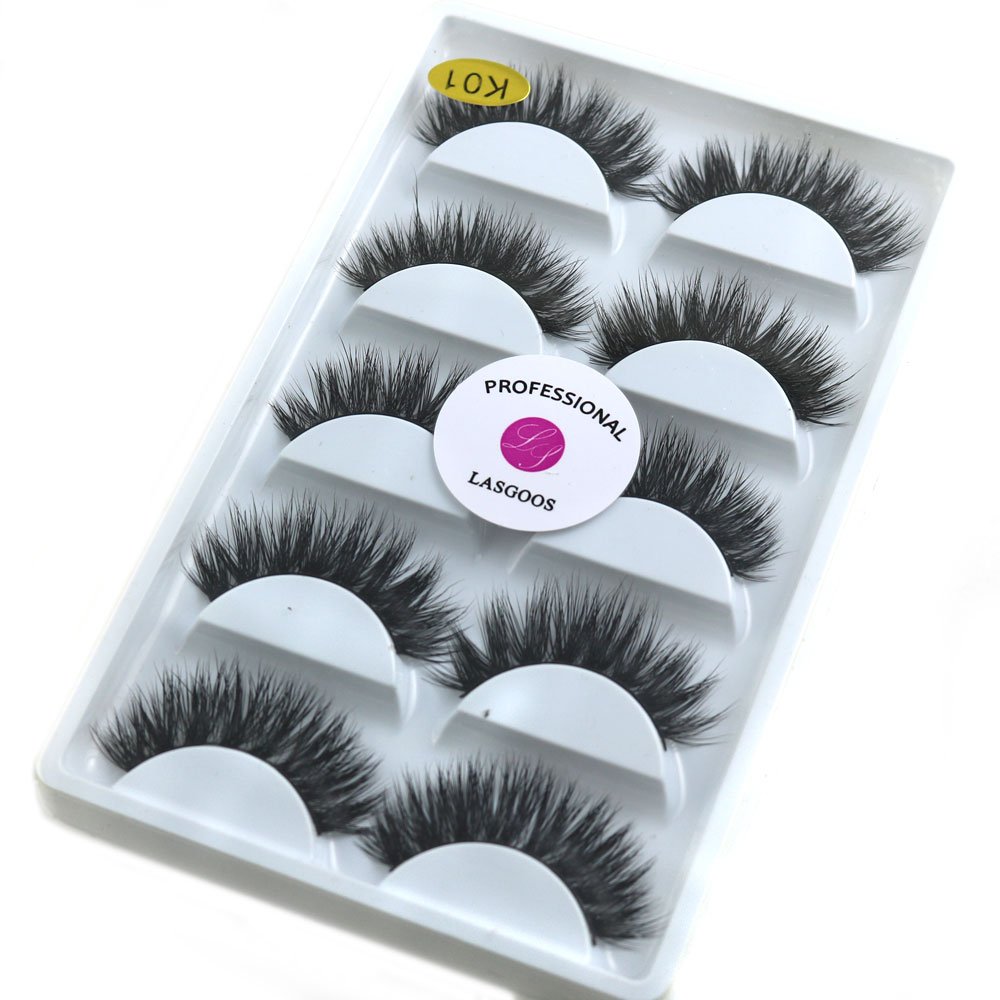 3D Mink False Eyelashes Extensions LASGOOS Siberian Luxurious Natural Cross Thick Long Wedding Fake Eye Lashes 5 Pairs/Box MY-014x5