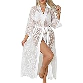 WADAYUYU Women Long Lace Robe Sheer Lingerie Kimono with Belt, Bridal Boudoir Wedding Honeymoon Sleepwear Dressing Gown